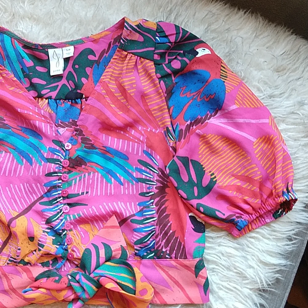 Joie Tropical Rio Parrot Cropped Balloon Sleeve Button Down Tie Front Top S